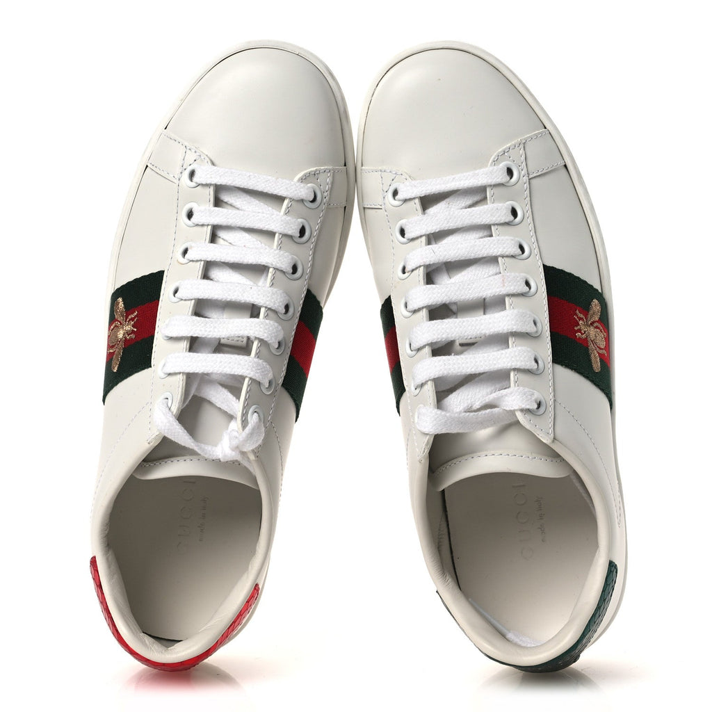 Gucci Calfskin Ayers Bee Embroidered Womens Ace Sneakers 35 White Green