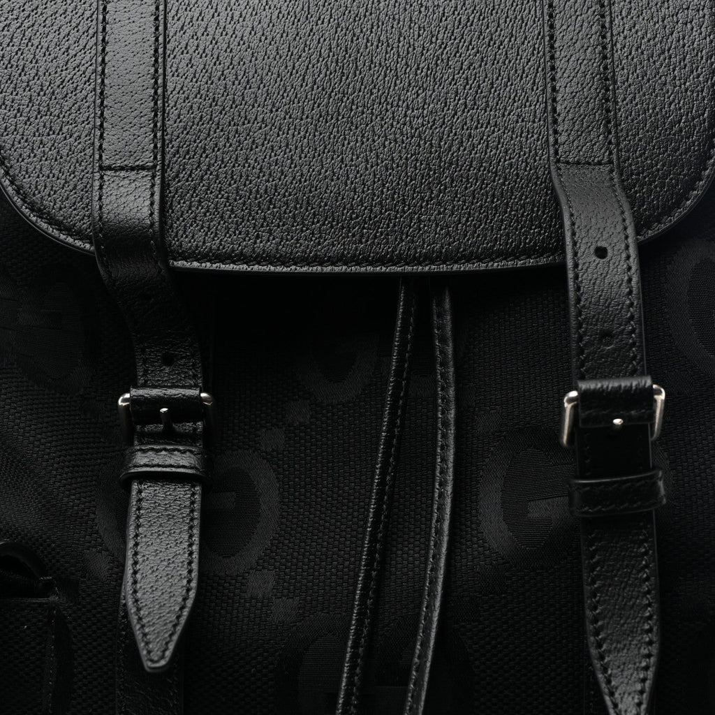 Gucci Monogram Jumbo GG Textured Dollar Calfskin Web Double Buckle Backpack Black
