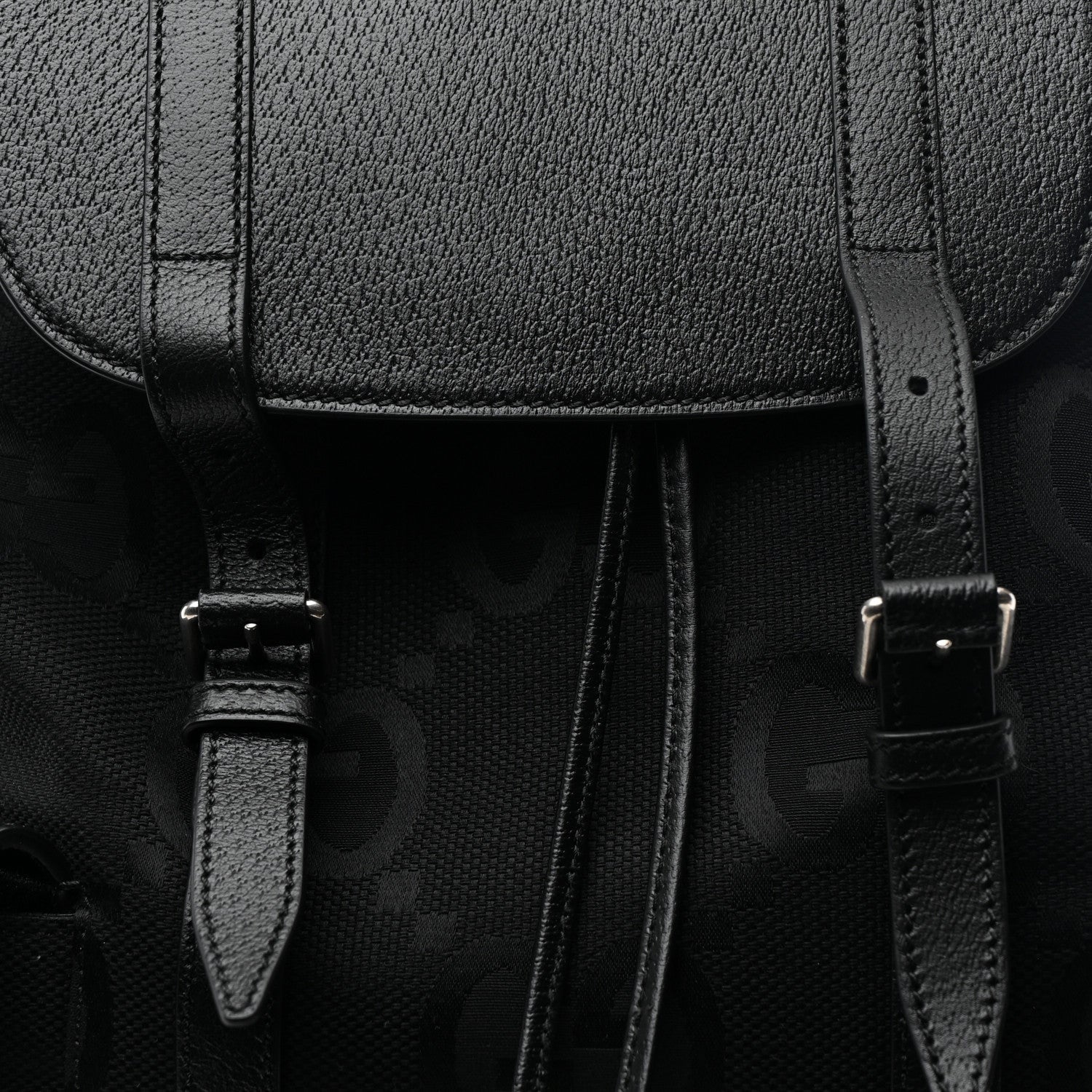 Gucci Monogram Jumbo GG Textured Dollar Calfskin Web Double Buckle Backpack Black