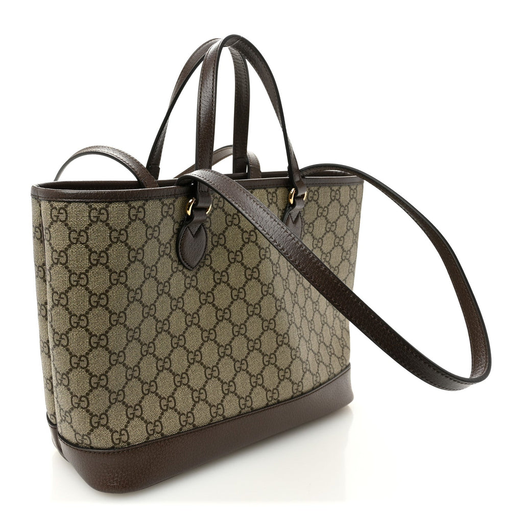 Gucci GG Supreme Monogram Textured Calfskin Small Ophidia Shoulder Tote Bag Beige Ebony New Acero