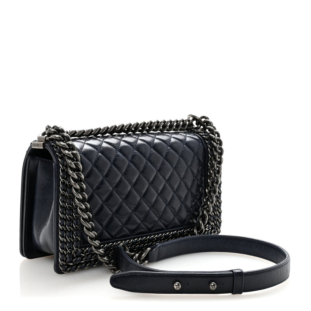 Chanel Glazed Calfskin Quilted Medium Boy Chained Flap Blue