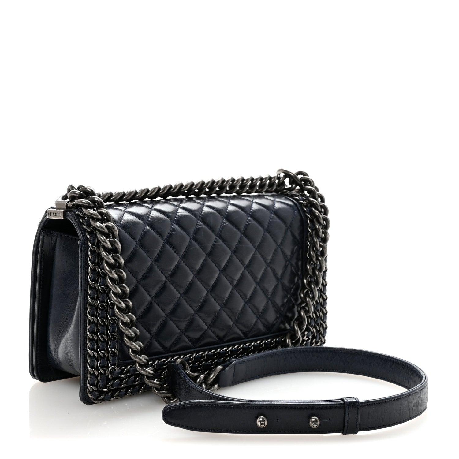Chanel Glazed Calfskin Quilted Medium Boy Chained Flap Blue