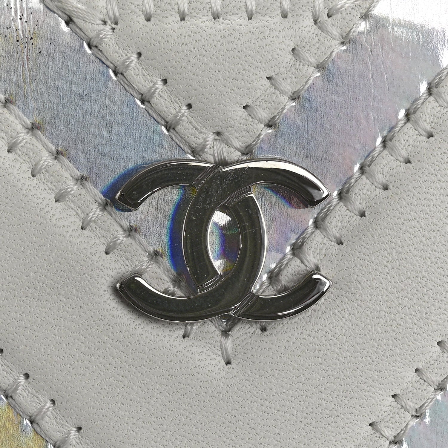 Lambskin Metallic Chevron Zip Pouch White Silver