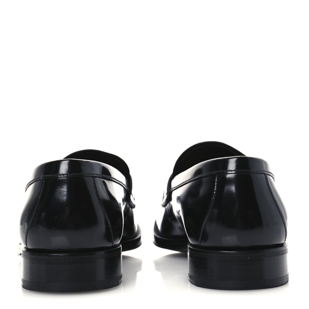 Prada Spazzolato Fume Metal Triangle Logo Mens Loafers 8.5 Black