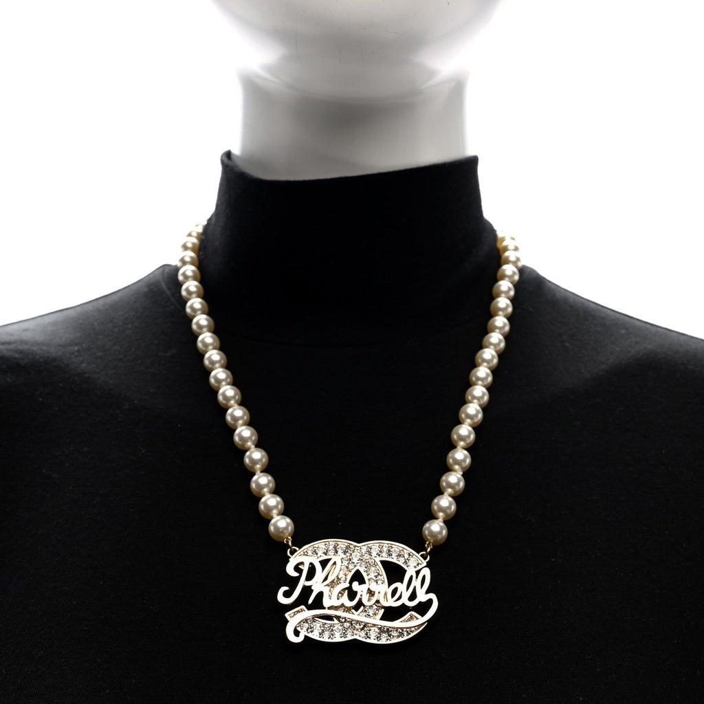Chanel x Pharrell Williams Pearl Crystal CC Necklace Gold White