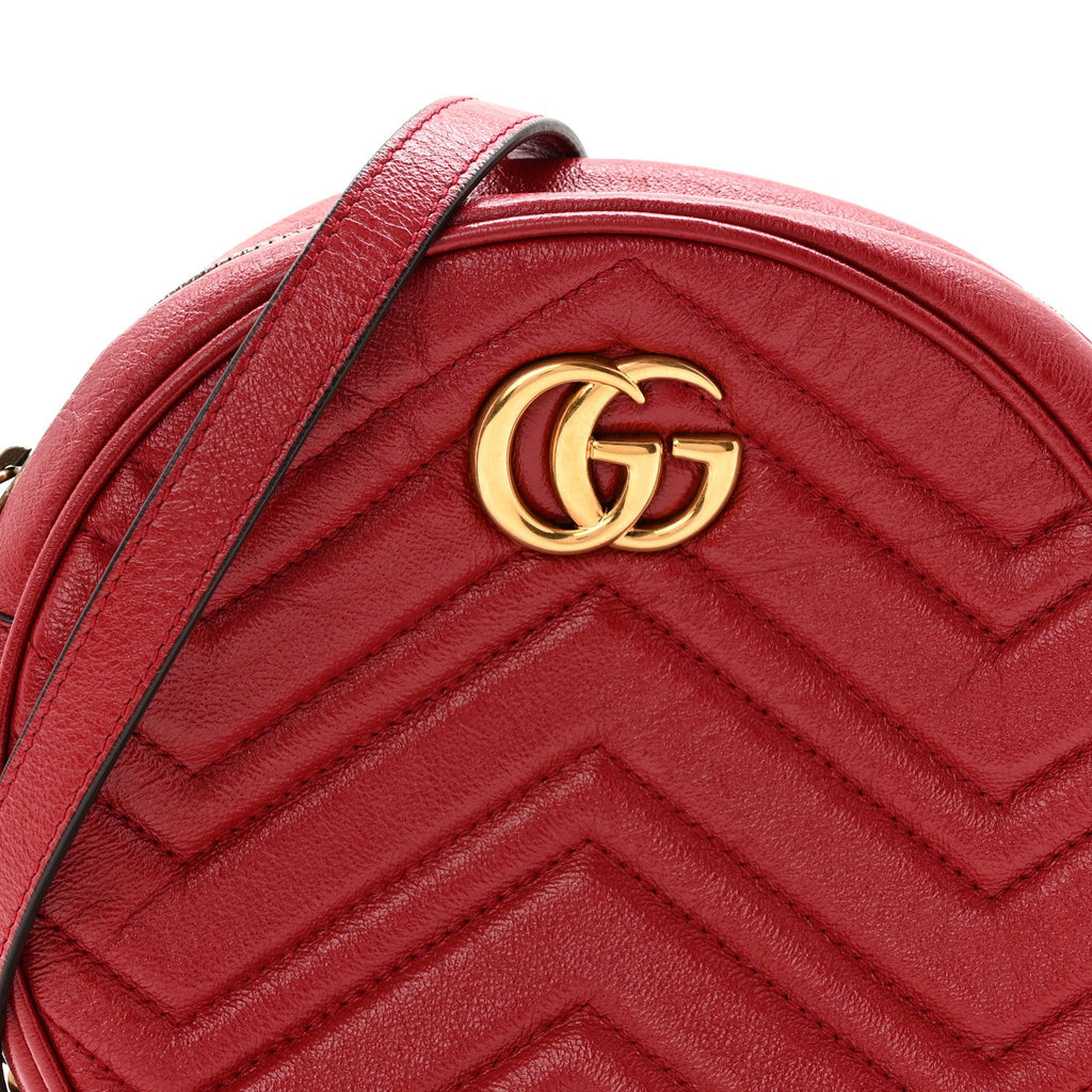 Gucci Glazed Calfskin Matelasse Heart Mini GG Marmont Round Shoulder Bag Romantic Cerise
