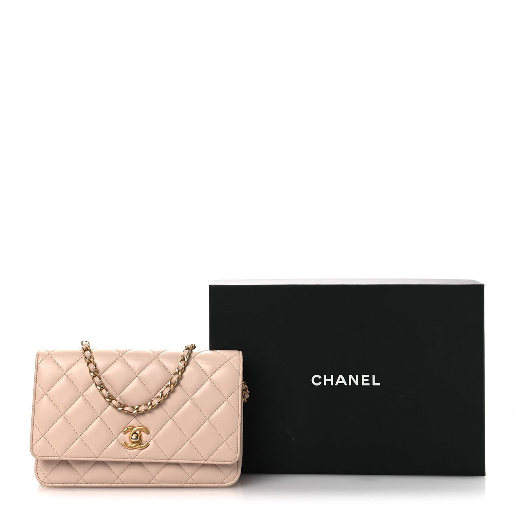 Chanel Lambskin Quilted CC Pearl Crush Wallet on Chain WOC Light Pink