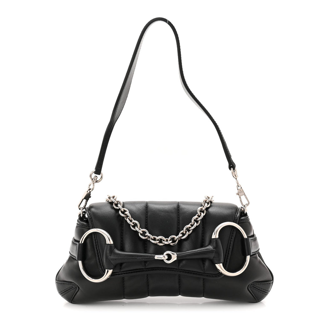 Gucci Nappa Vertical Matelasse Small Maxi Horsebit Chain Shoulder Bag Black