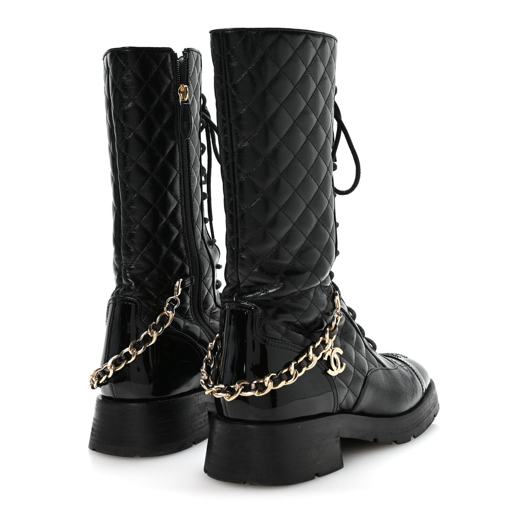 Chanel Shiny Calfskin Patent Quilted Chain Lace Up Combat Long Boots 38.5 Black