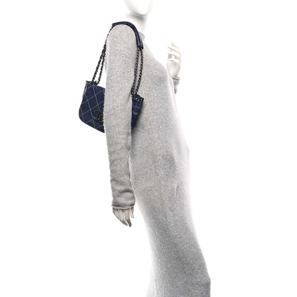 Chanel Lambskin Contrast Stitch Small Surpique Accordion Flap Navy