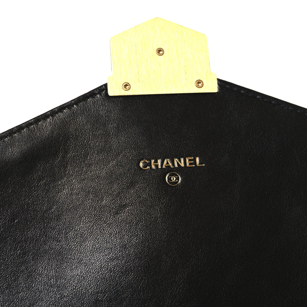 Calfskin Chevron Quilted Medal Flap Clutch Black