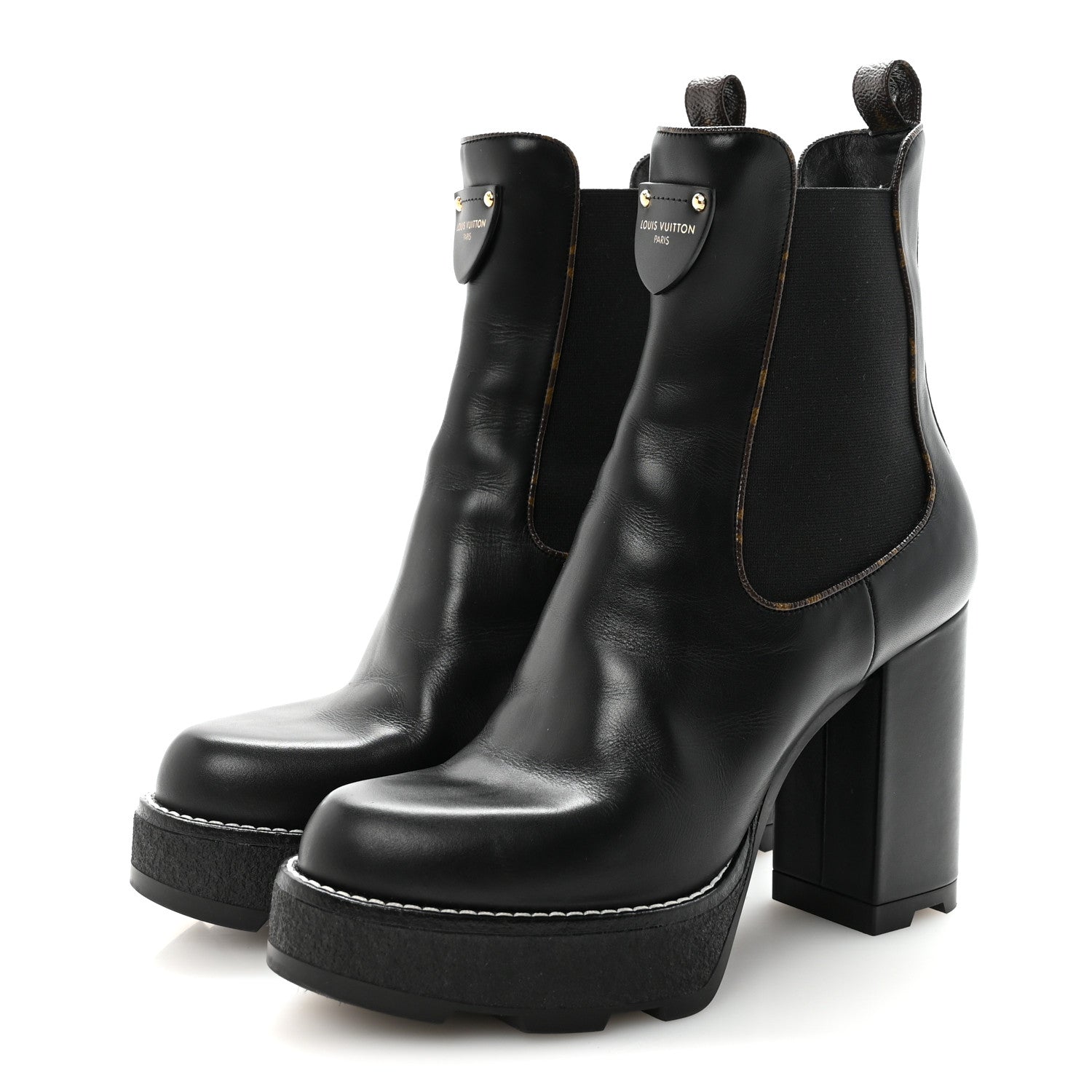 Louis Vuitton Calfskin Monogram LV Beaubourg Platform Ankle Boots 40 Black