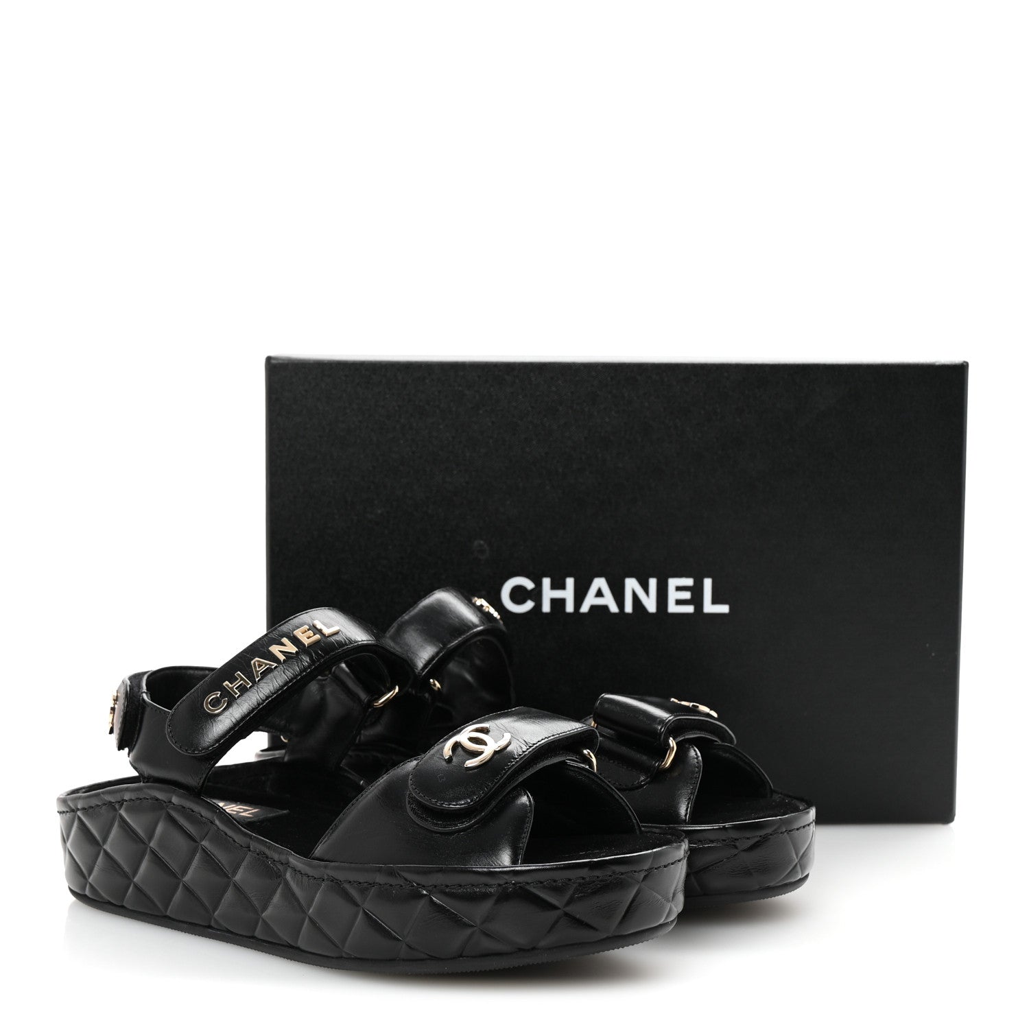 Chanel Shiny Calfskin Logo Platform Sandals 37 Black