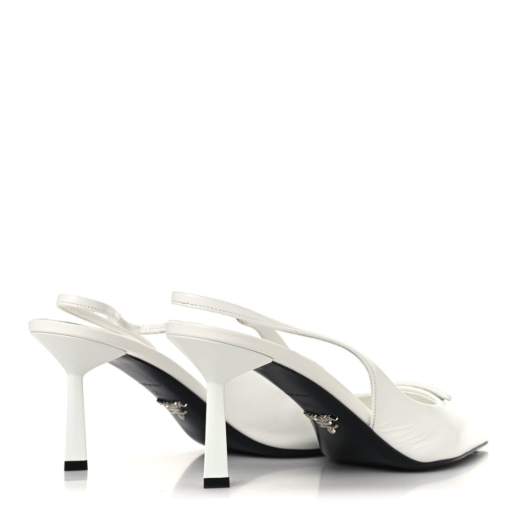 Prada Calfskin Triangle Logo Pointed Toe 75mm Slingback Pumps 38.5 White