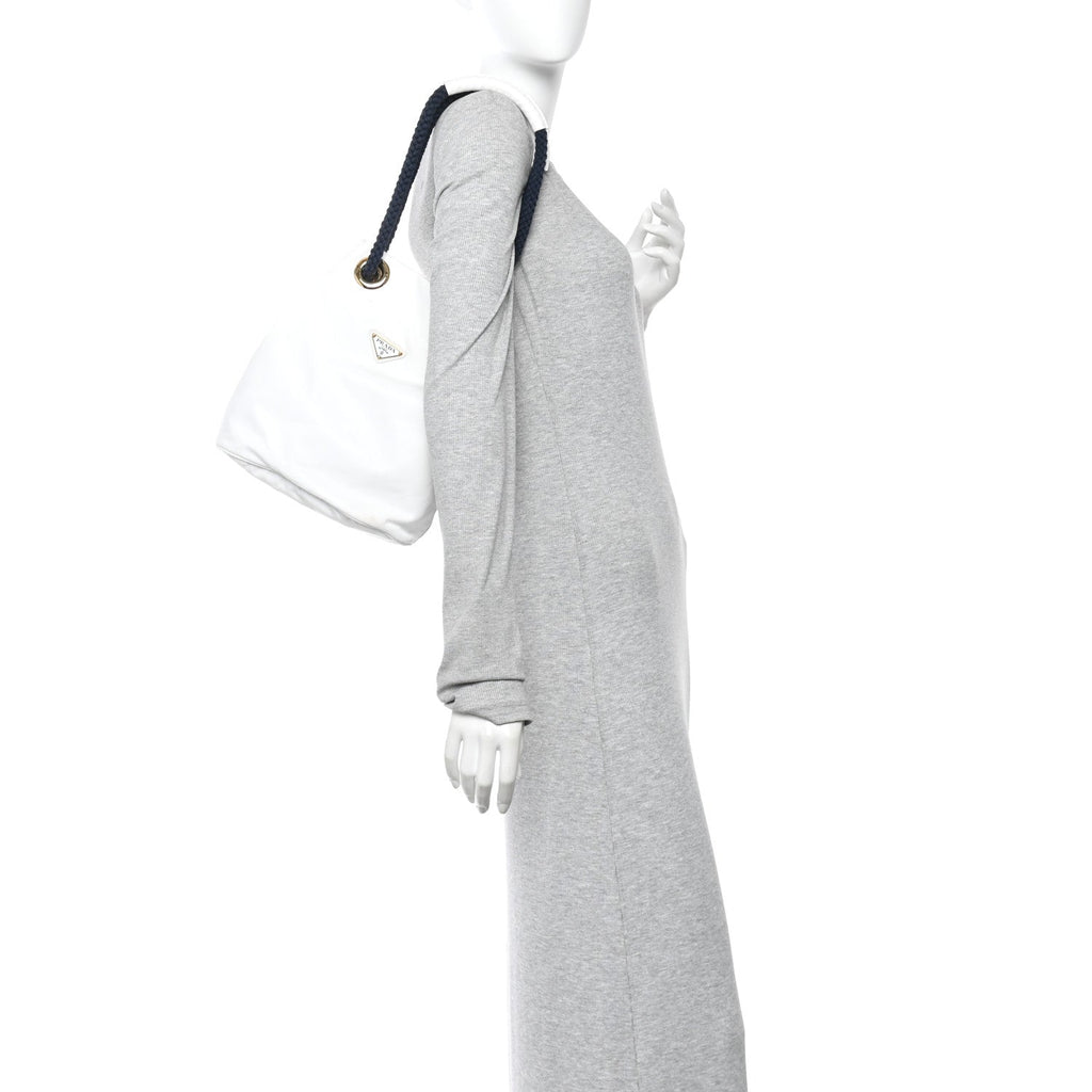 Prada Re-Nylon Triangle Mariner Small Bucket Bag White Baltico