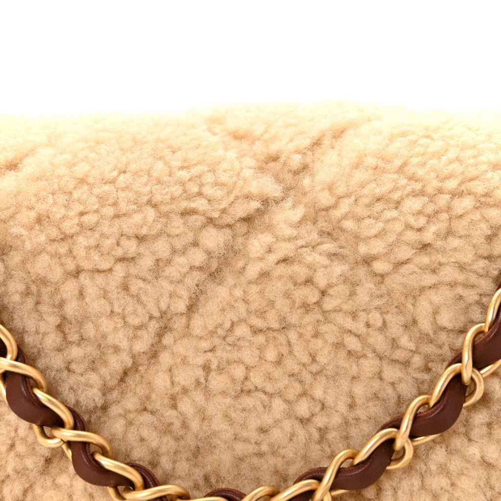 Chanel Shearling Lambskin Quilted Furry Coco Flap Dark Brown Beige