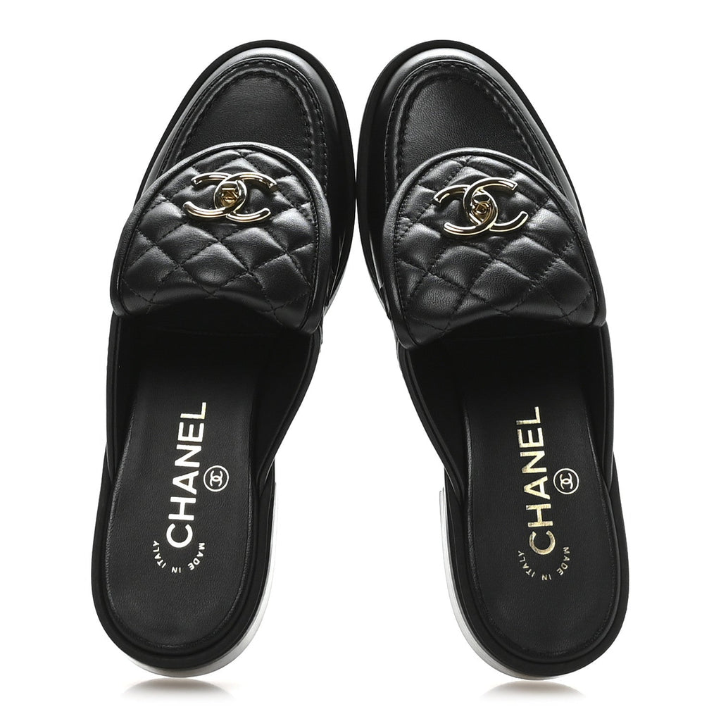 Lambskin Quilted CC Turnlock Mules 36.5 Black