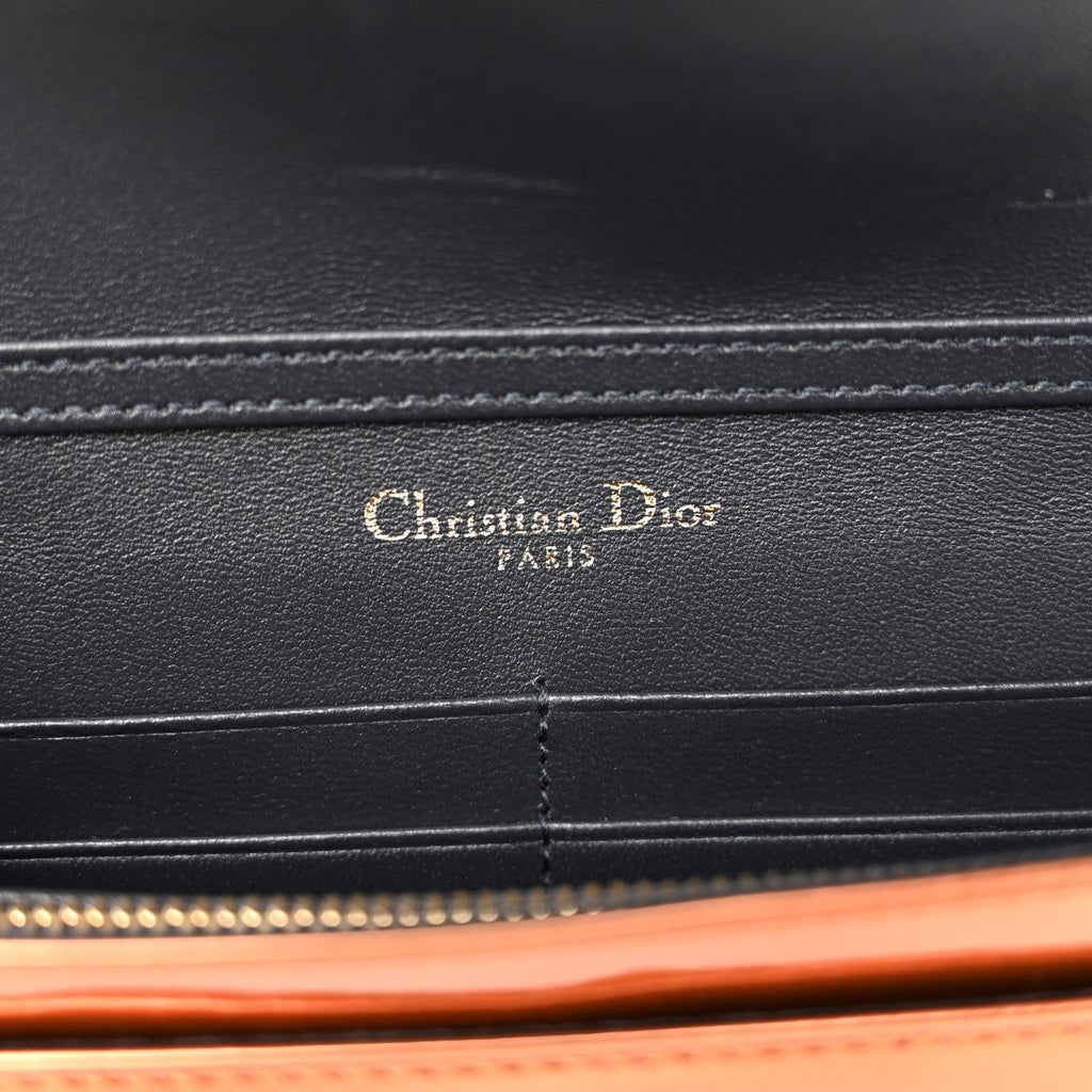 Christian Dior Metallic Patent Micro-Cannage Diorama Wallet on Chain Pouch Orange