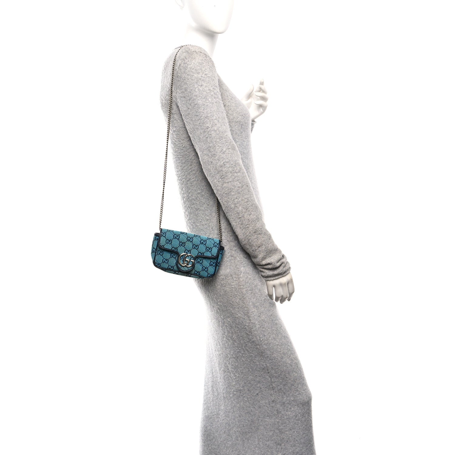 Gucci Monogram Multicolor Matelasse Diagonal Super Mini GG Marmont Shoulder Bag Light Blue