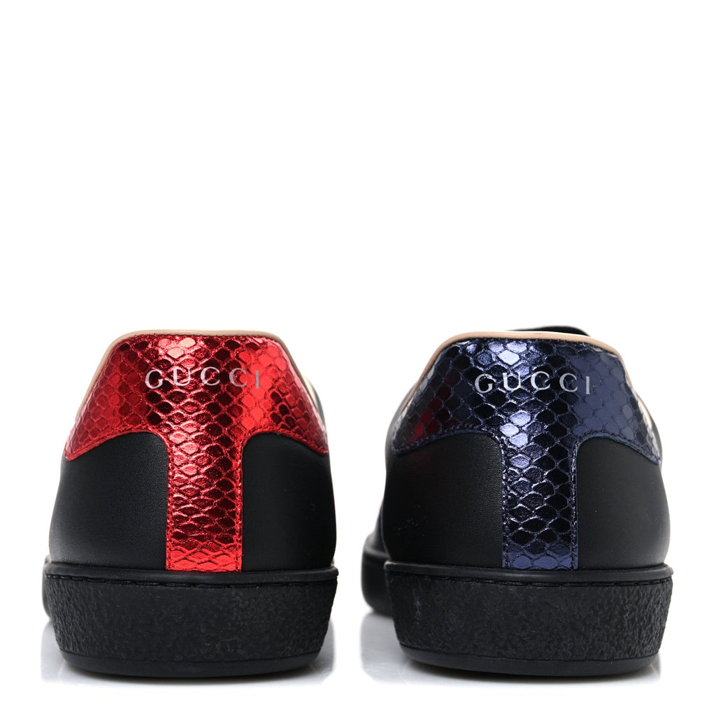 Gucci Miro Soft Calfskin Laminated Ayers Web Bee Embroidered Mens Ace Sneakers 6 Black Red Flame Night