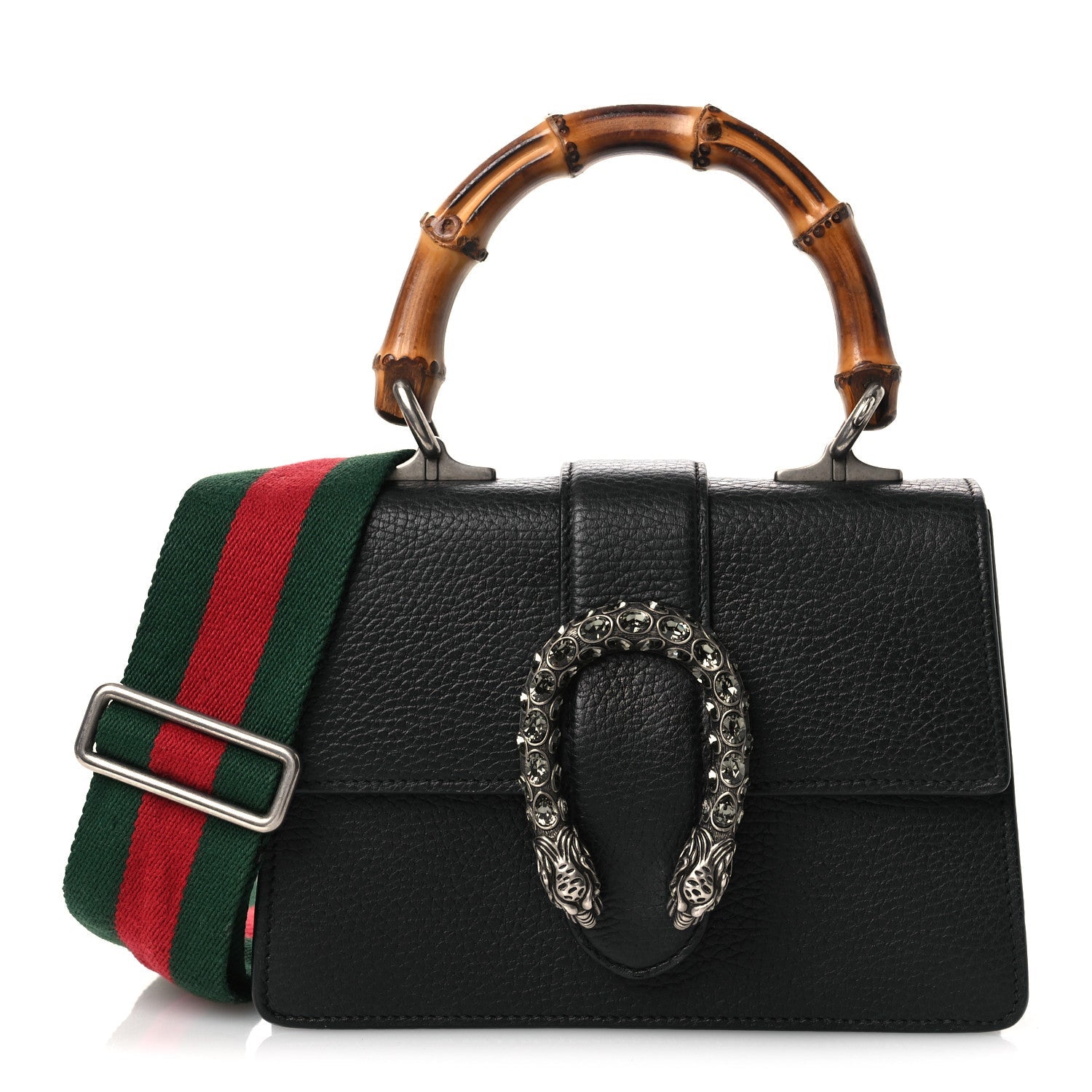 Gucci Dollar Calfskin Crystal Web Mini Dionysus Bamboo Top Handle Bag Black Black Diamond