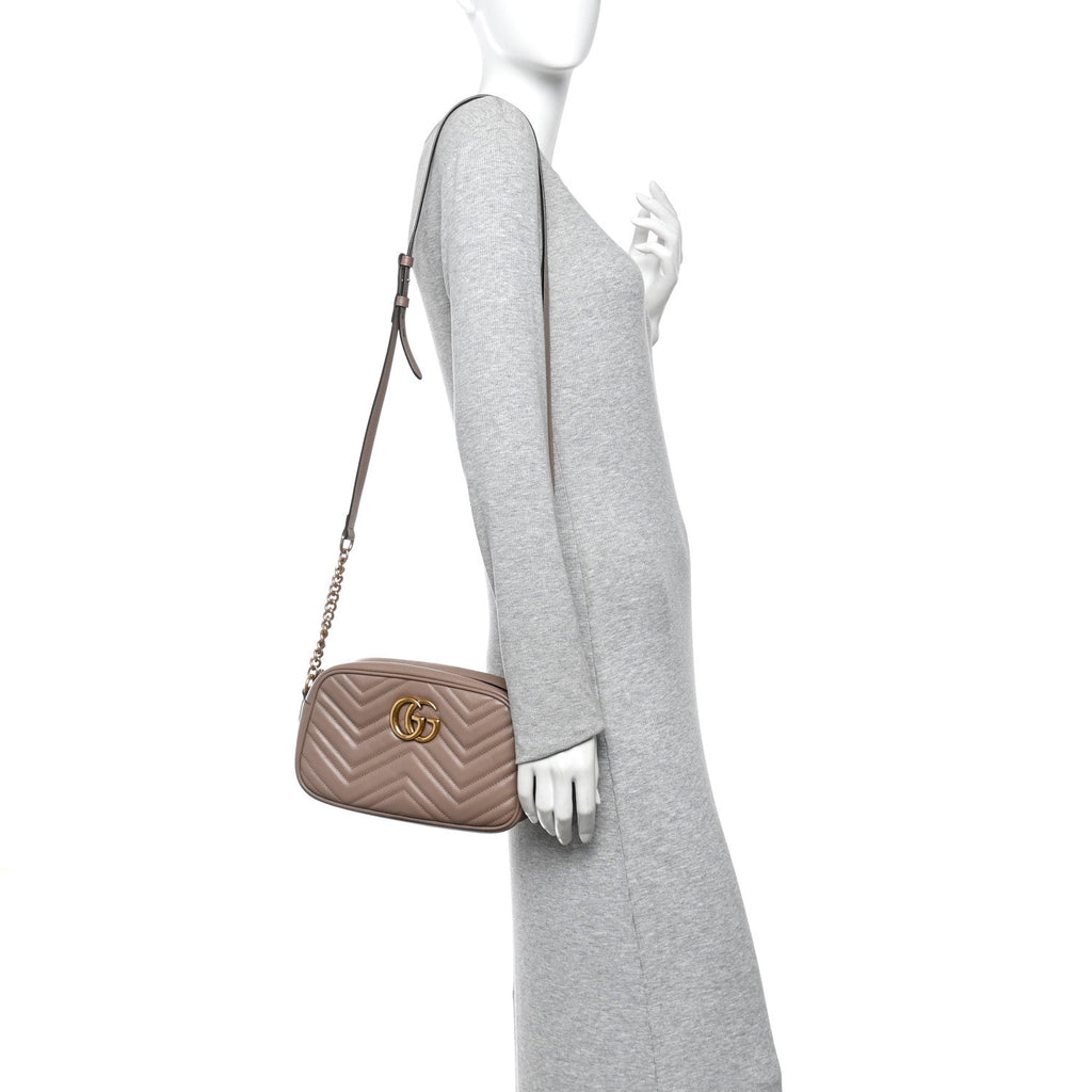 Gucci Calfskin Matelasse Small GG Marmont Chain Shoulder Bag Porcelain Rose