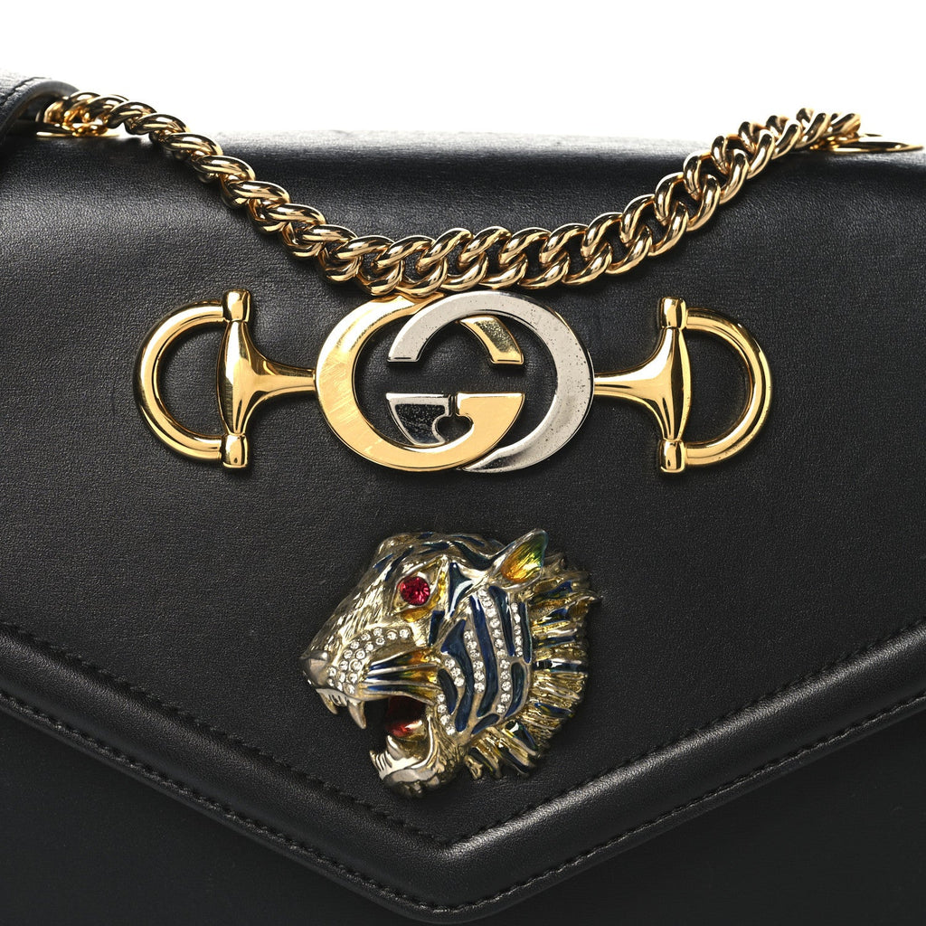 Gucci Vitello Palmellato Lux Crystal Medium Rajah Shoulder Bag Black