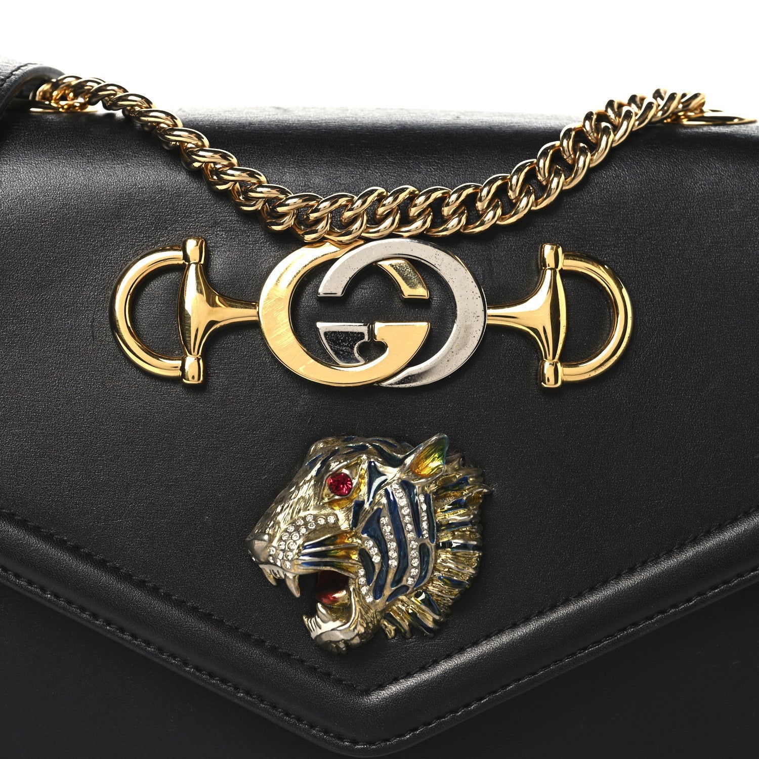 Gucci Vitello Palmellato Lux Crystal Medium Rajah Shoulder Bag Black