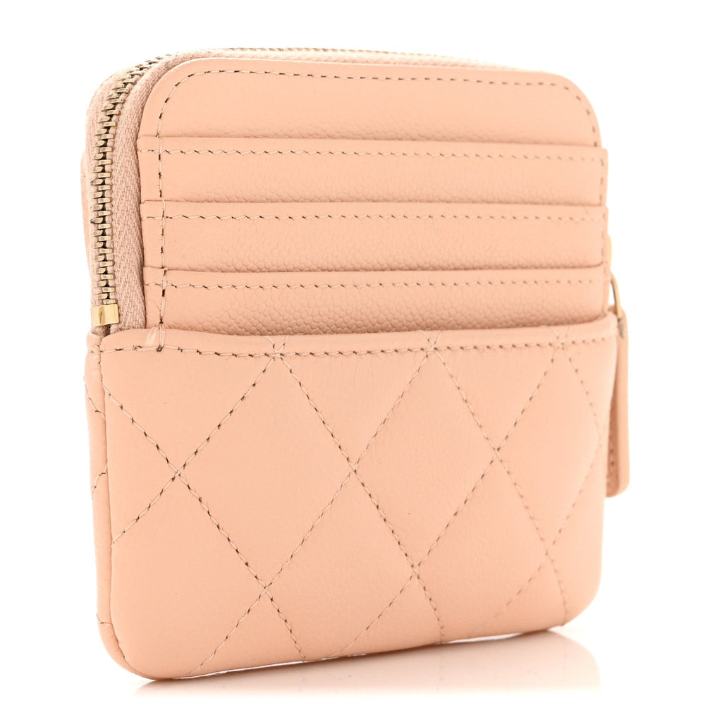 Caviar Quilted Zip Card Holder Wallet Light Beige