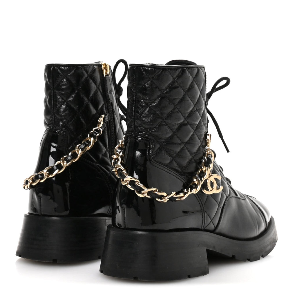 Chanel Shiny Calfskin Patent Quilted Chain Lace Up Combat Boots 40.5 Black