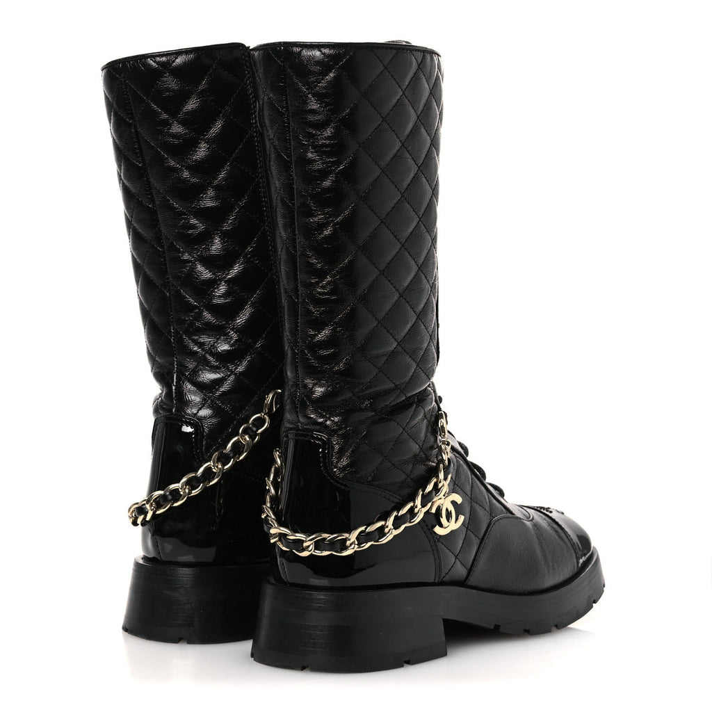 Chanel Shiny Calfskin Patent Quilted Chain Lace Up Combat Long Boots 37 Black