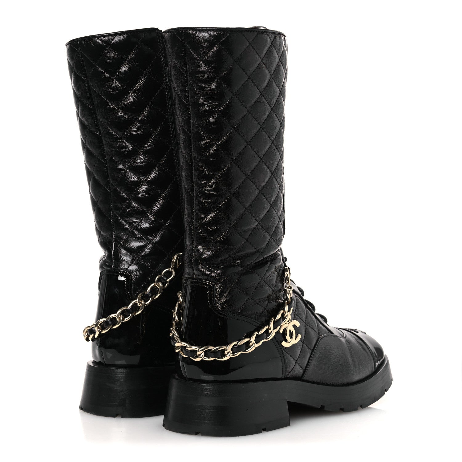 Chanel Shiny Calfskin Patent Quilted Chain Lace Up Combat Long Boots 37 Black