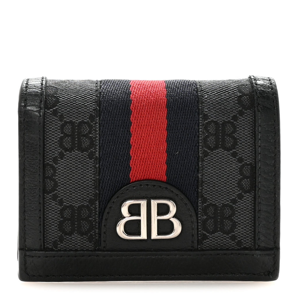 Gucci X BALENCIAGA BB Monogram Web Ophidia Card Case Wallet Black