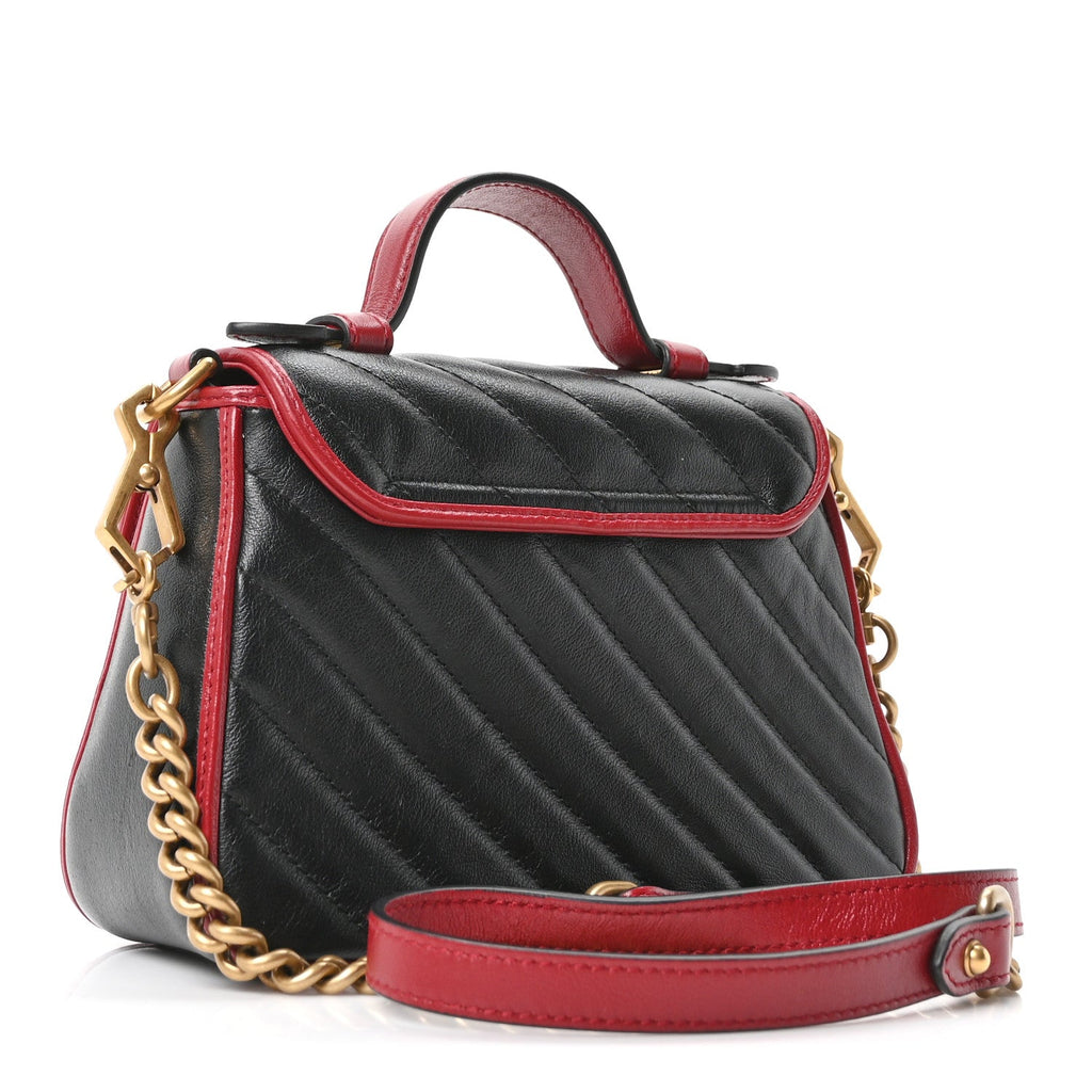 Gucci Vintage Effect Calfskin Matelasse Diagonal Mini Torchon GG Marmont Top Handle Shoulder Bag Black Romantic Cherry