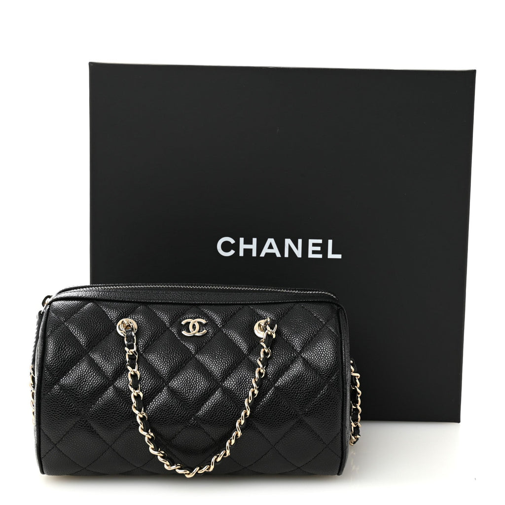 Chanel Caviar Quilted Barrel Clutch With Chain Black