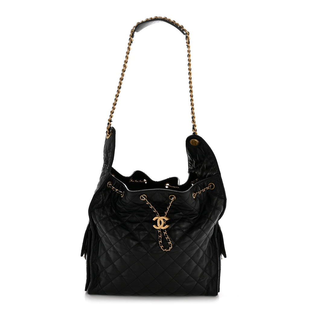 Chanel Shiny Crumpled Calfskin Quilted Medium Chanel 25 Handbag Black