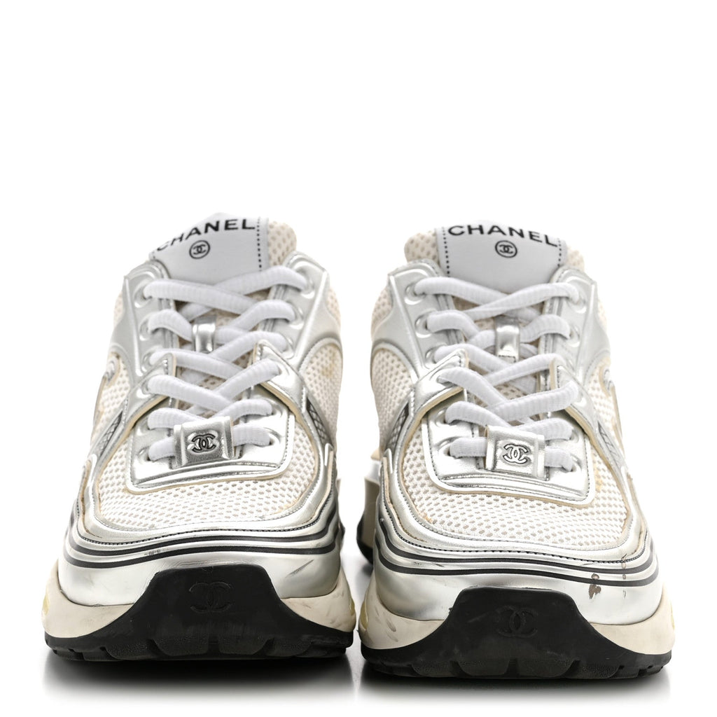Fabric Laminated Calfskin Stretch CC Sneakers 36 White Silver