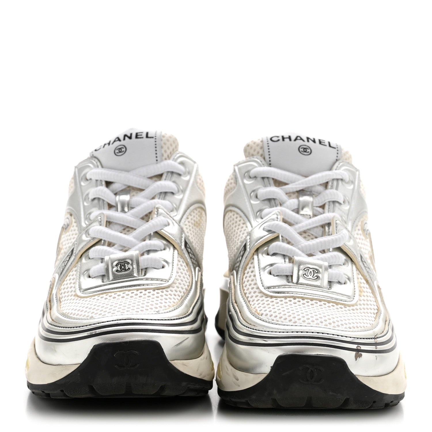 Fabric Laminated Calfskin Stretch CC Sneakers 36 White Silver