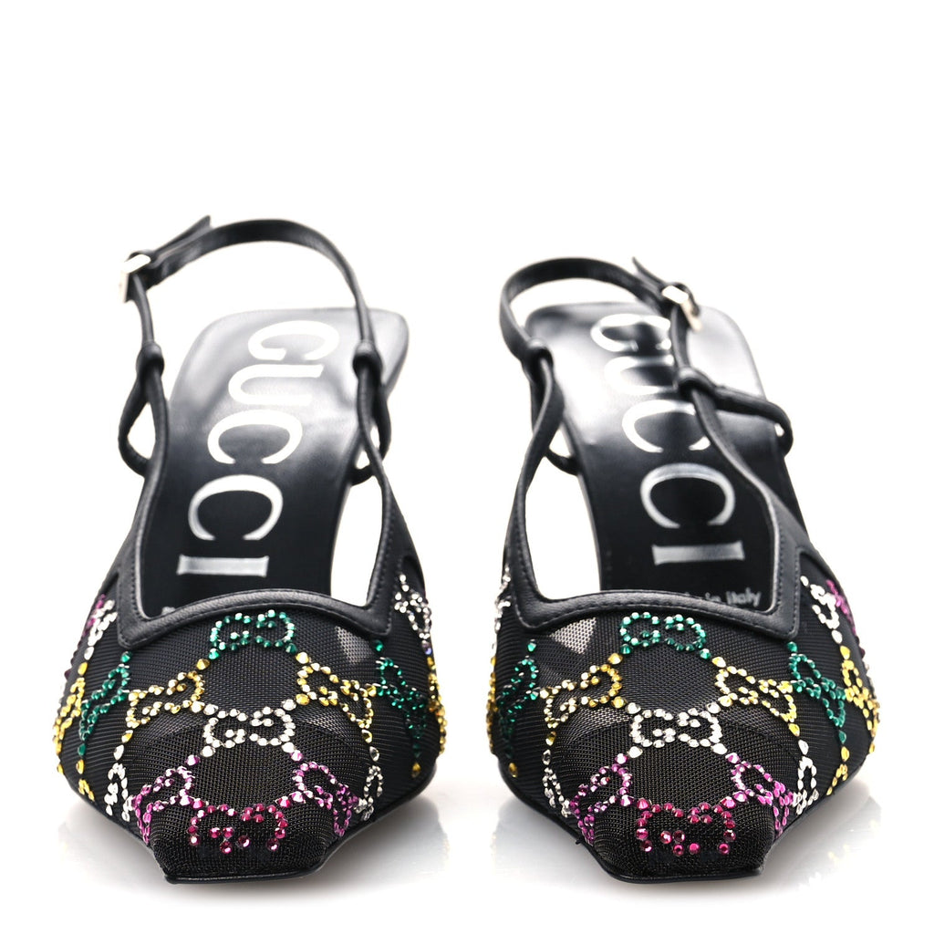 Gucci Tela Retino Nappa Charlotte Crystal GG Monogram Square G 75mm Slingback Pumps 37 Black