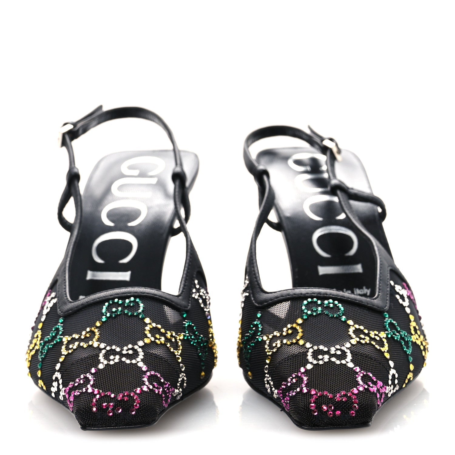 Gucci Tela Retino Nappa Charlotte Crystal GG Monogram Square G 75mm Slingback Pumps 37 Black