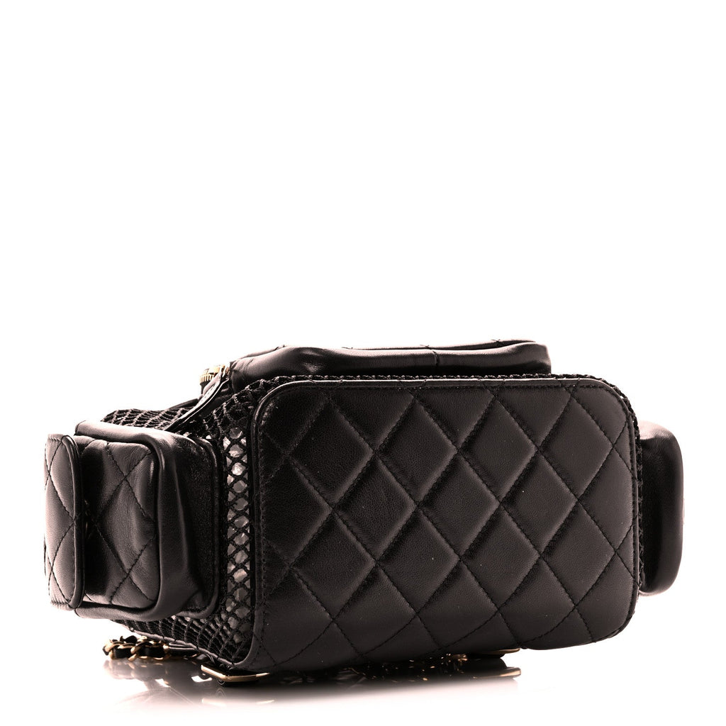 Chanel Shiny Lambskin Mesh Quilted Small Cargo Duma Drawstring Backpack Black