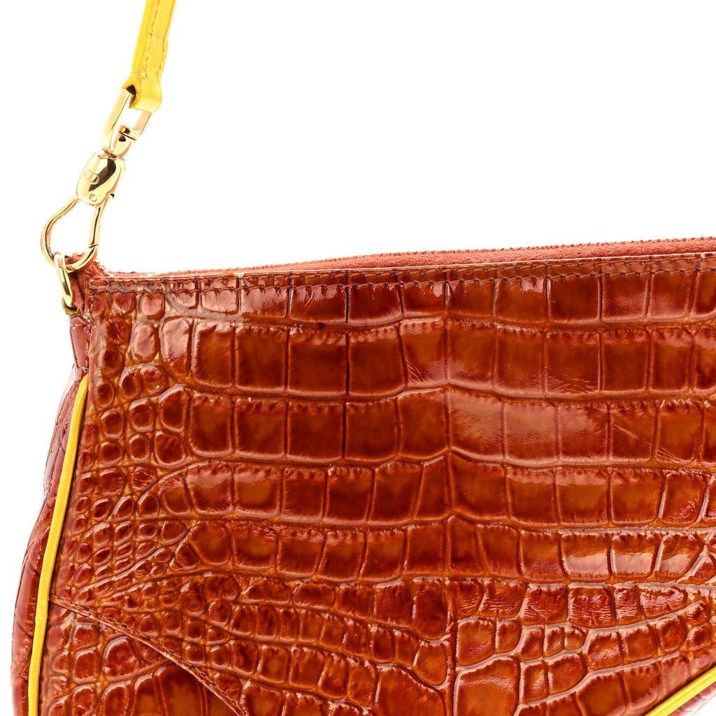 Christian Dior Patent Calfskin Crocodile Embossed Mini Saddle Pochette Orange