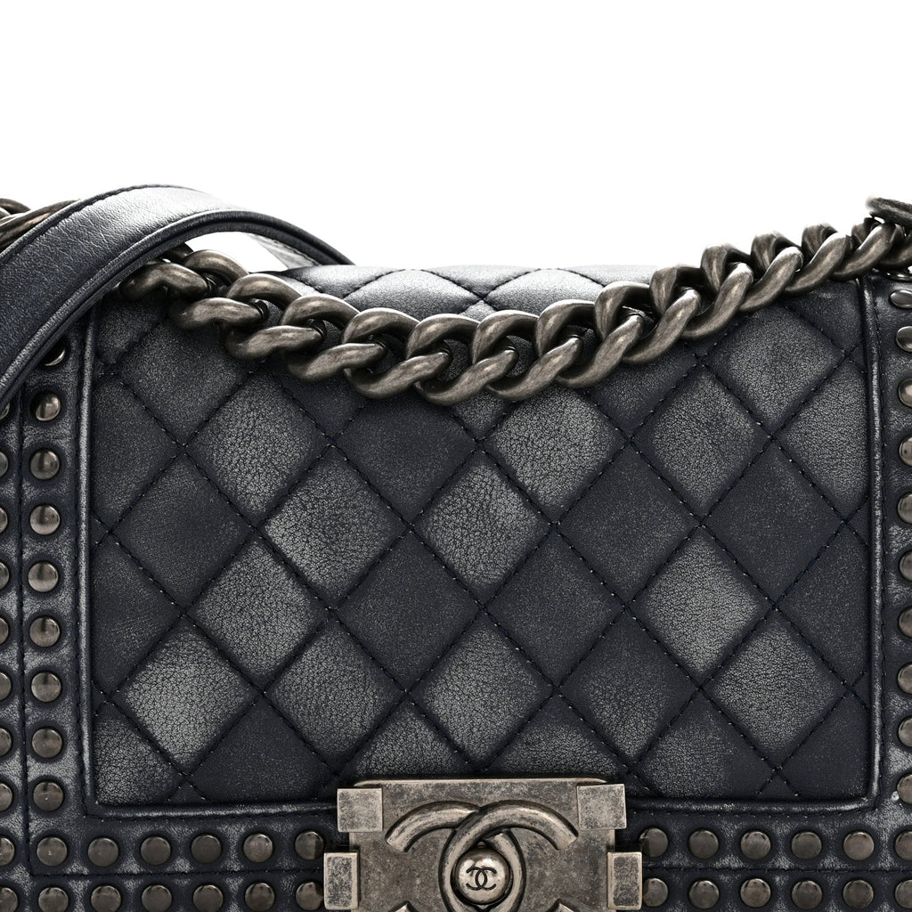 Chanel Faded Calfskin Quilted Small Studded Boy Flap Navy