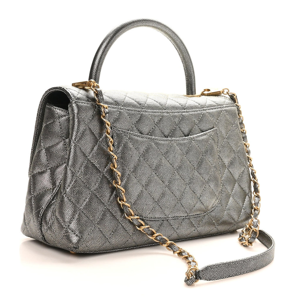 Chanel Metallic Caviar Quilted Small Coco Handle Flap Silver