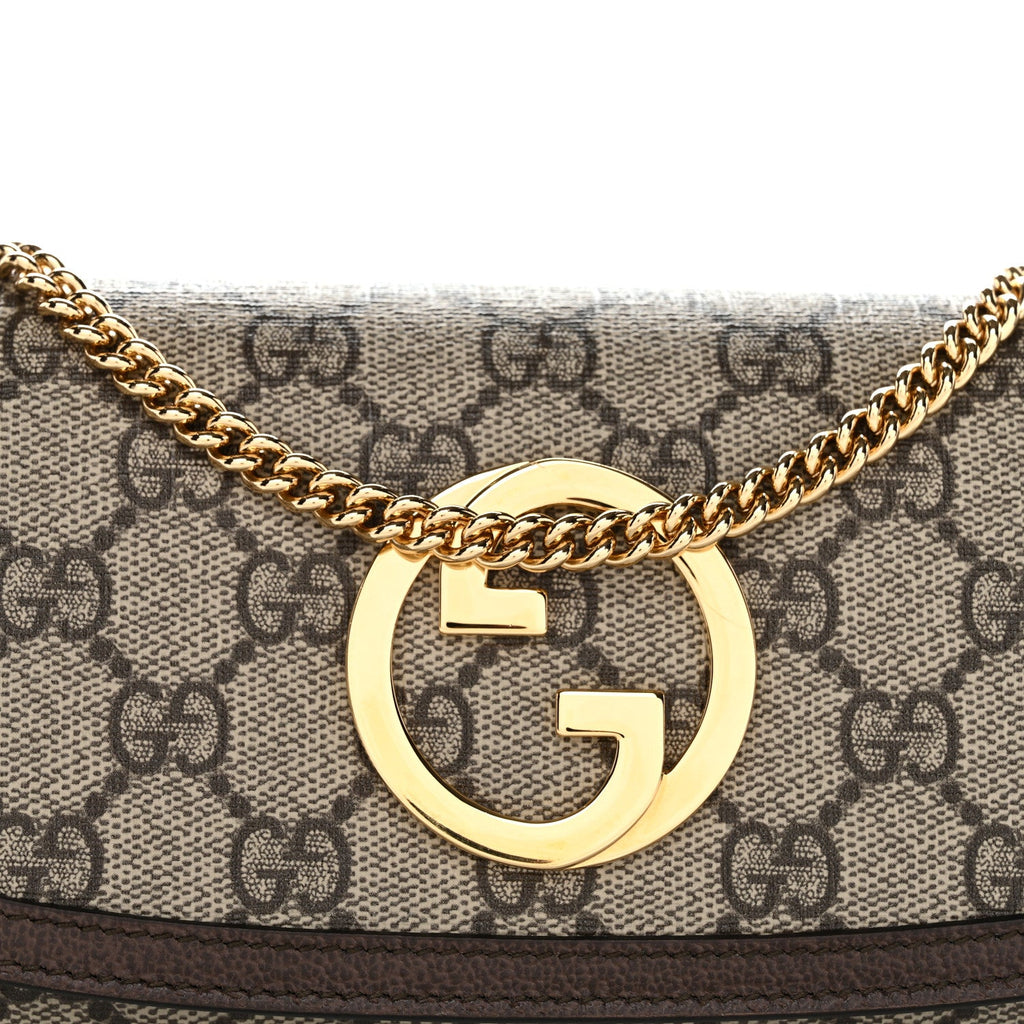 Gucci GG Supreme Monogram Textured Dollar Calfskin Blondie Continental Chain Wallet Beige Ebony New Acero