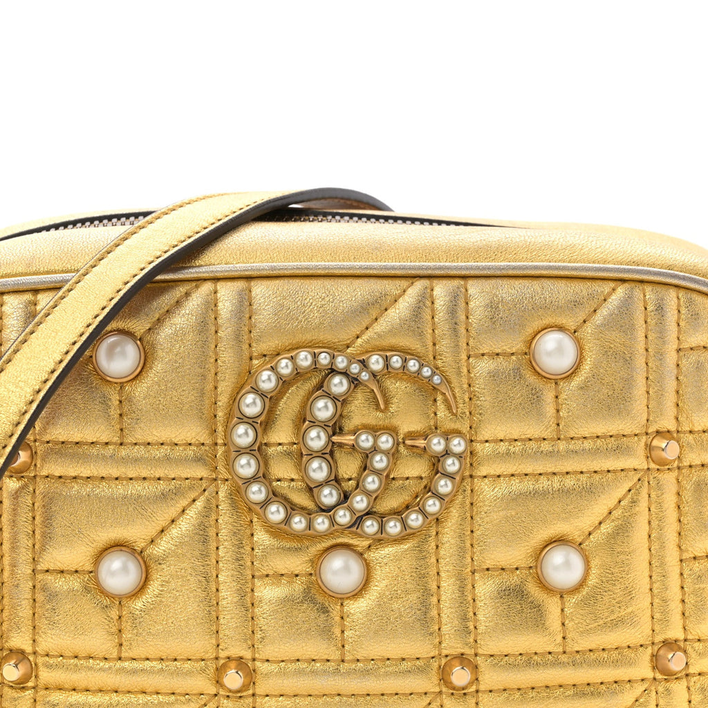 Gucci Metallic Calfskin Matelasse Studded Small Pearly GG Marmont Chain Shoulder Bag Gold