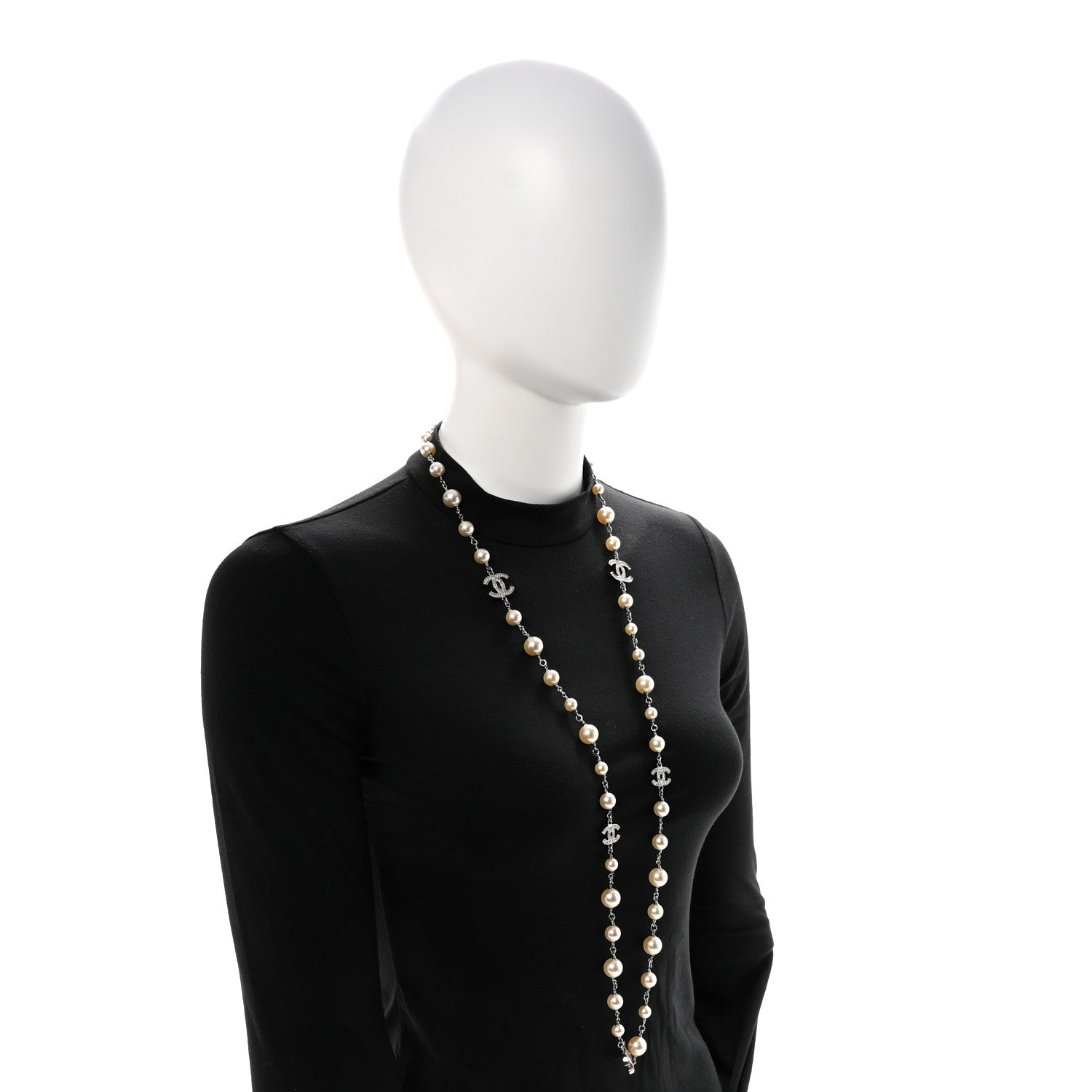 Graduated Pearl Crystal CC Long Necklace Silver