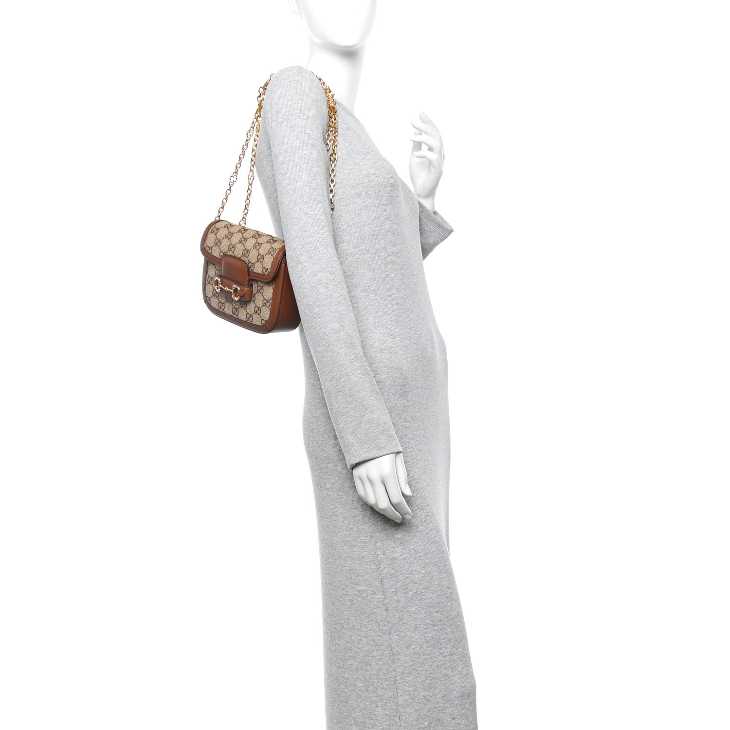 Gucci New Canvas Charisma Calfskin Crystal GG Monogram Mini Horsebit 1955 Shoulder Bag Camel Ebony