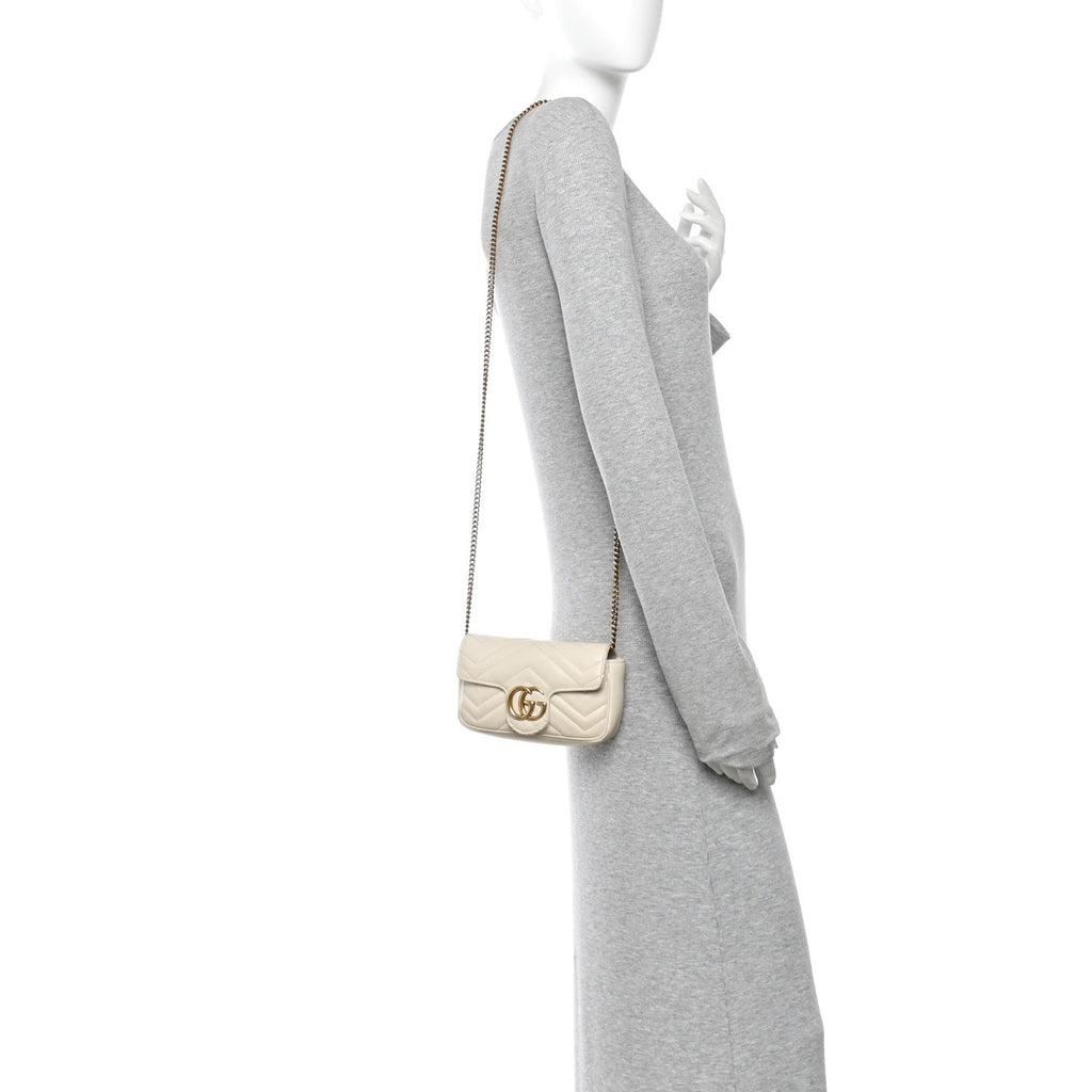 Gucci Calfskin Matelasse Super Mini GG Marmont Shoulder Bag White