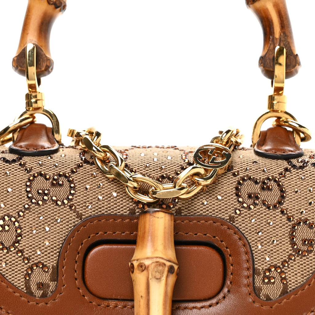 Gucci New Canvas Charisma Calfskin Crystal GG Monogram Small Bamboo 1947 Top Handle Bag Camel Ebony